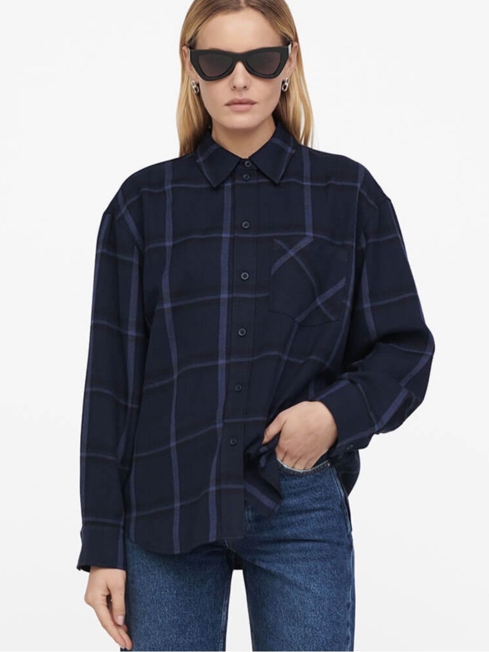 Anine Bing Navy Black Plaid Button Down Small